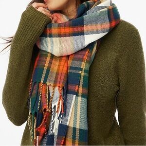J. Crew Classic Plaid Blanket Scarf Earth Tones Fall Winter Preppy 77" x 24"